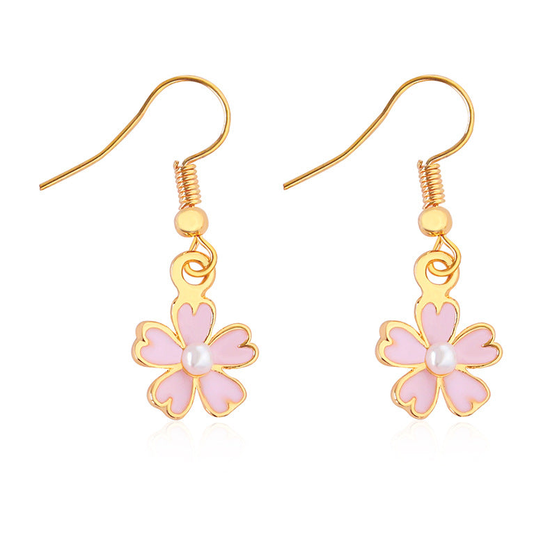 korean oil pink cherry blossom pearl earrings korean shamrock earring
