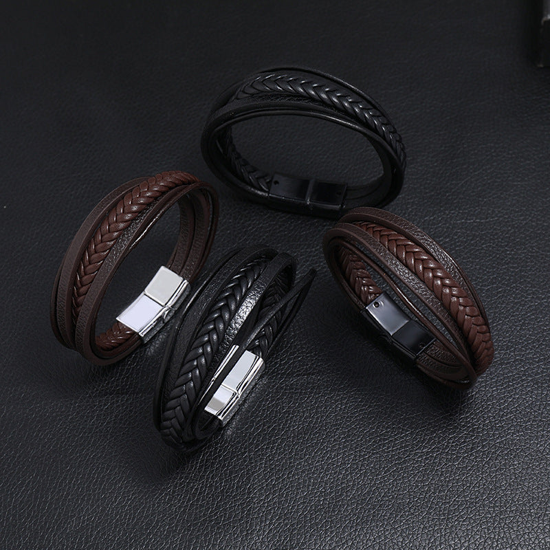 retro multilayer leather  simple magnet buckle  leather bracelet