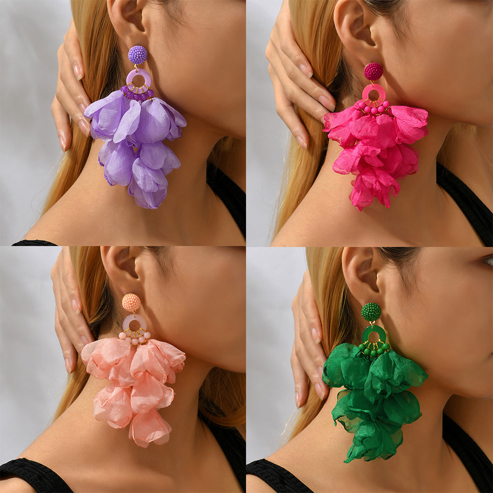 1 pair elegant vacation petal beaded handmade beaded cloth lace drop earrings
