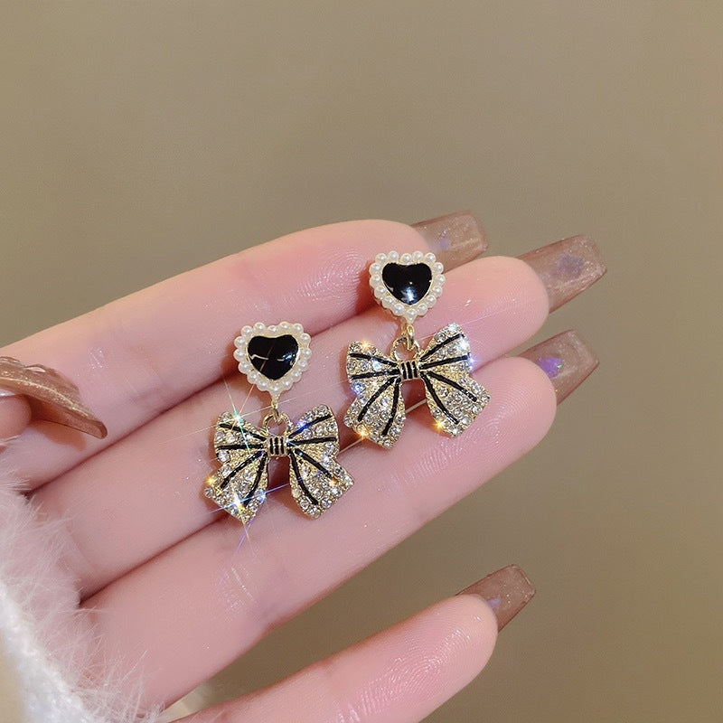 1 pair cute retro heart shape bow knot plating inlay alloy zircon drop earrings