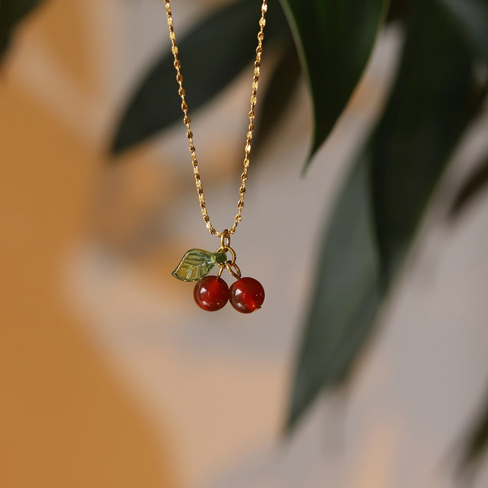 retro cherry titanium steel plating pendant necklace