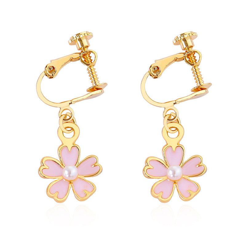 korean oil pink cherry blossom pearl earrings korean shamrock earring