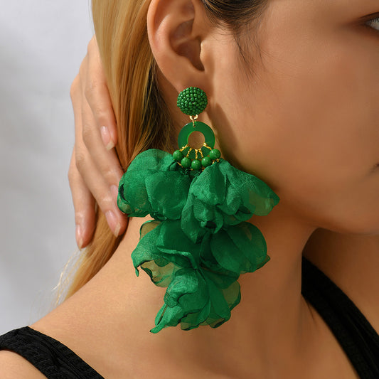 1 pair elegant vacation petal beaded handmade beaded cloth lace drop earrings