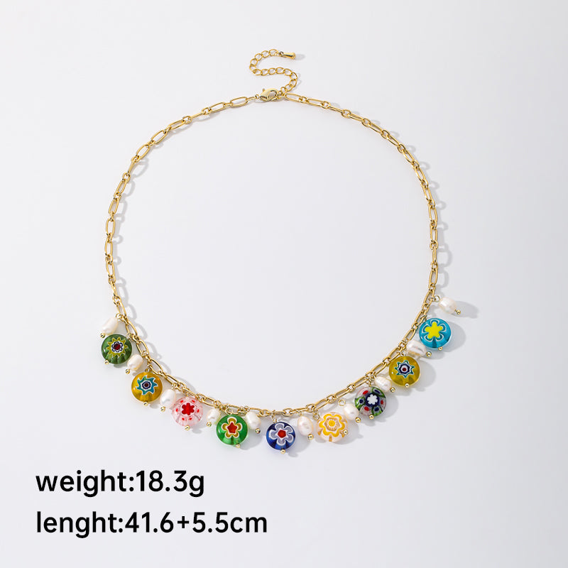 vacation heart shape freshwater pearl glass copper beaded flowers 14k gold plated pendant necklace