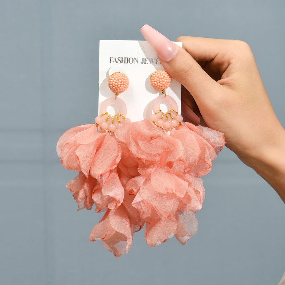 1 pair elegant vacation petal beaded handmade beaded cloth lace drop earrings