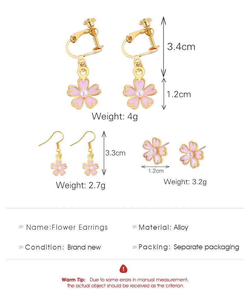 korean oil pink cherry blossom pearl earrings korean shamrock earring