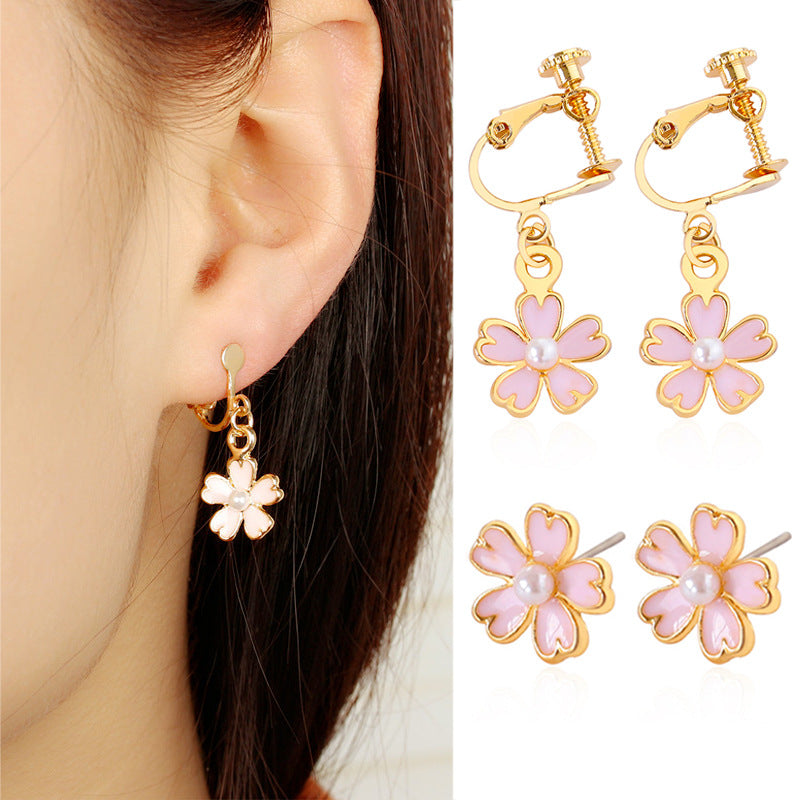 korean oil pink cherry blossom pearl earrings korean shamrock earring