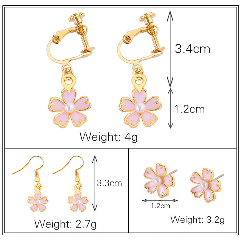 korean oil pink cherry blossom pearl earrings korean shamrock earring