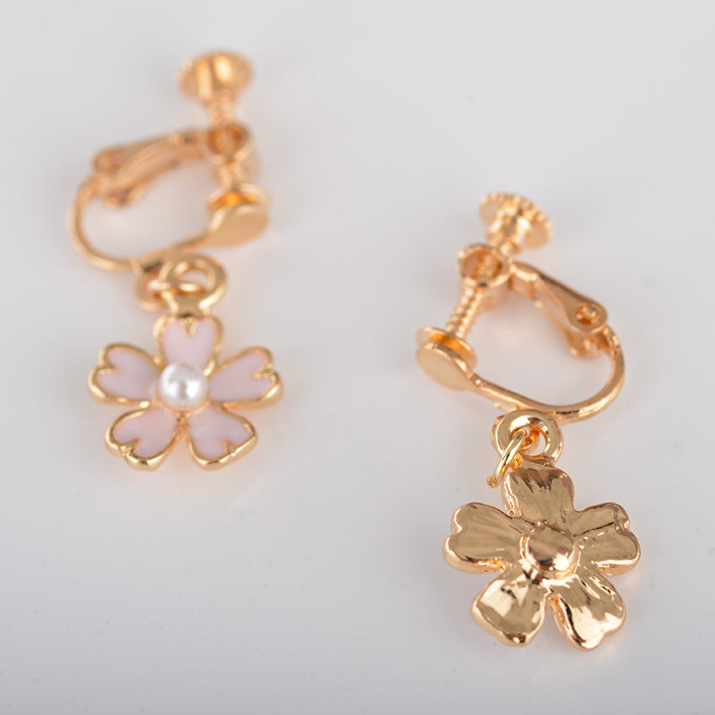 korean oil pink cherry blossom pearl earrings korean shamrock earring