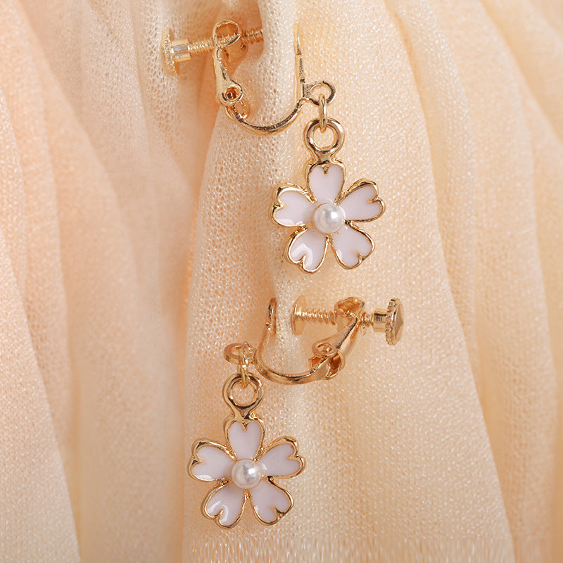 korean oil pink cherry blossom pearl earrings korean shamrock earring