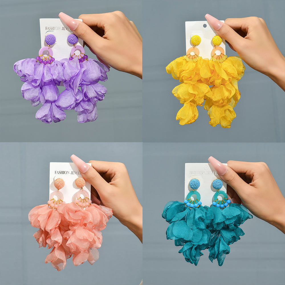 1 pair elegant vacation petal beaded handmade beaded cloth lace drop earrings