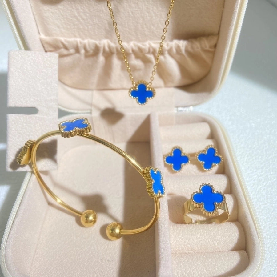 304 Stainless Steel 18K Gold Plated Elegant Glam Inlay Four Leaf Clover Acrylic Shell Jewelry Set