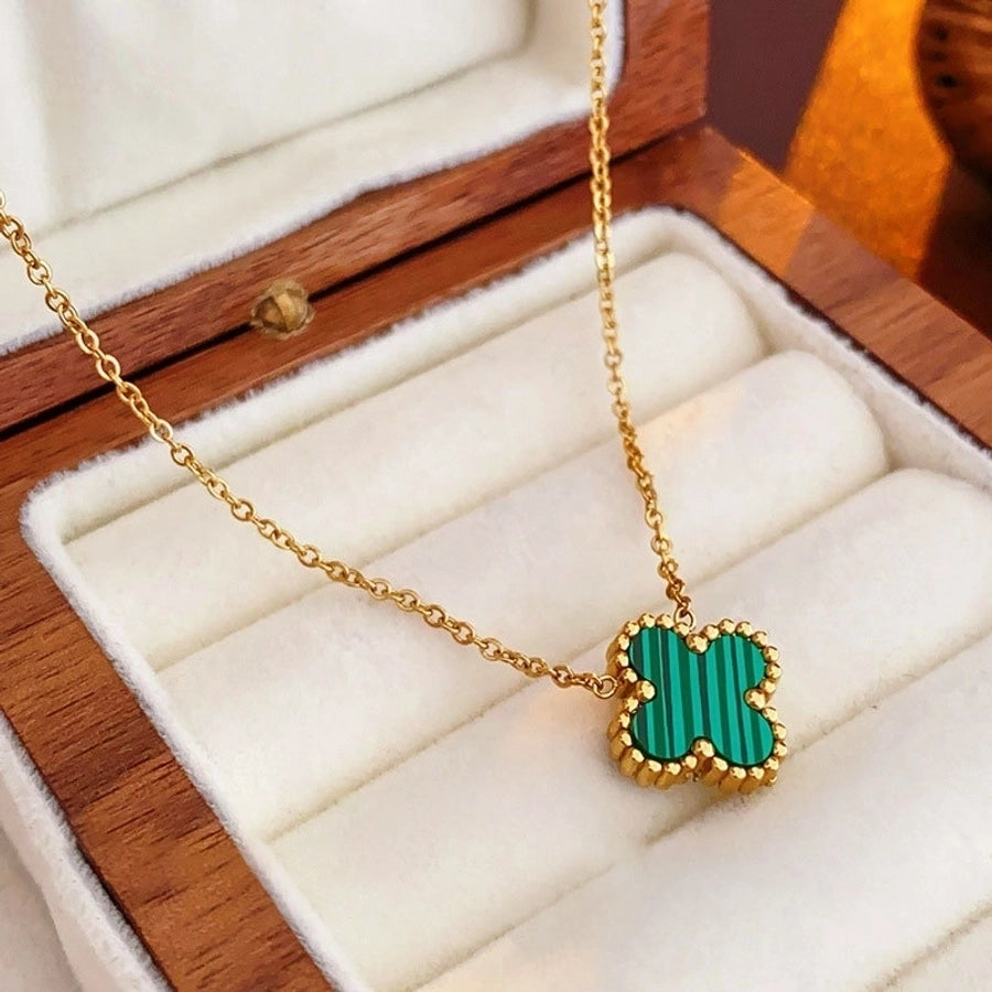 304 Stainless Steel 18K Gold Plated Elegant Glam Inlay Four Leaf Clover Acrylic Shell Jewelry Set