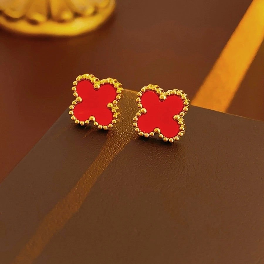 304 Stainless Steel 18K Gold Plated Elegant Glam Inlay Four Leaf Clover Acrylic Shell Jewelry Set