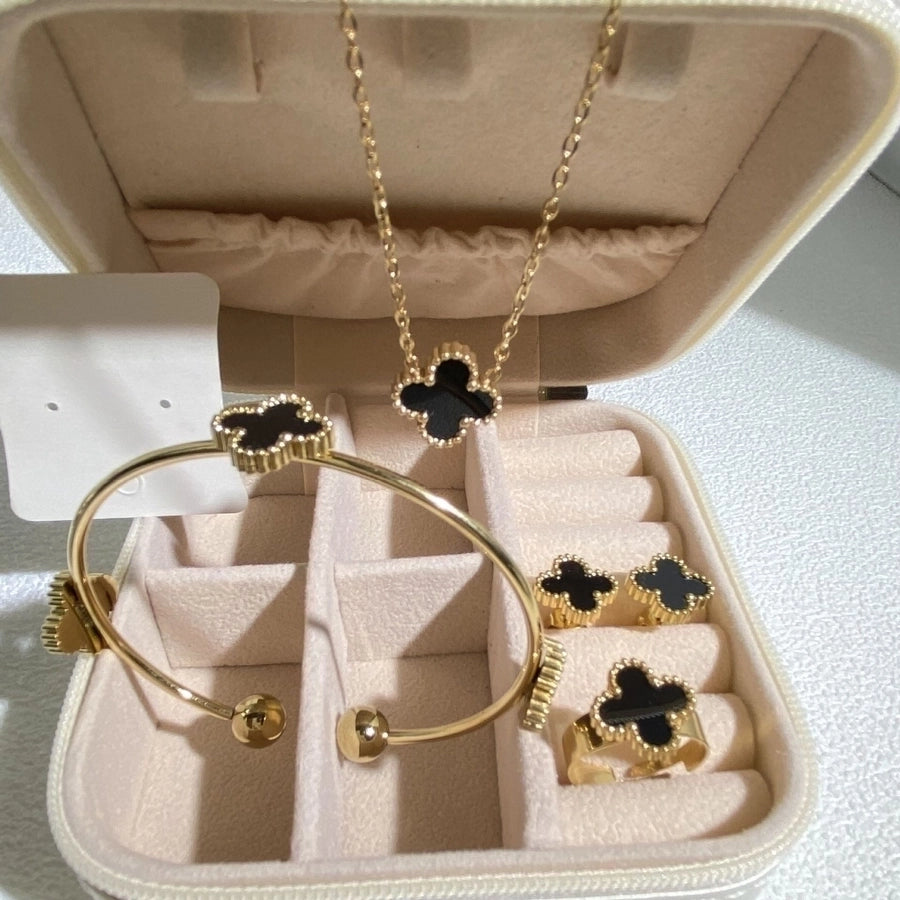 304 Stainless Steel 18K Gold Plated Elegant Glam Inlay Four Leaf Clover Acrylic Shell Jewelry Set