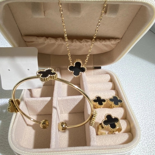 304 Stainless Steel 18K Gold Plated Elegant Glam Inlay Four Leaf Clover Acrylic Shell Jewelry Set