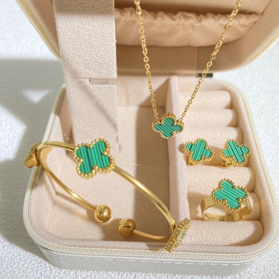 304 Stainless Steel 18K Gold Plated Elegant Glam Inlay Four Leaf Clover Acrylic Shell Jewelry Set