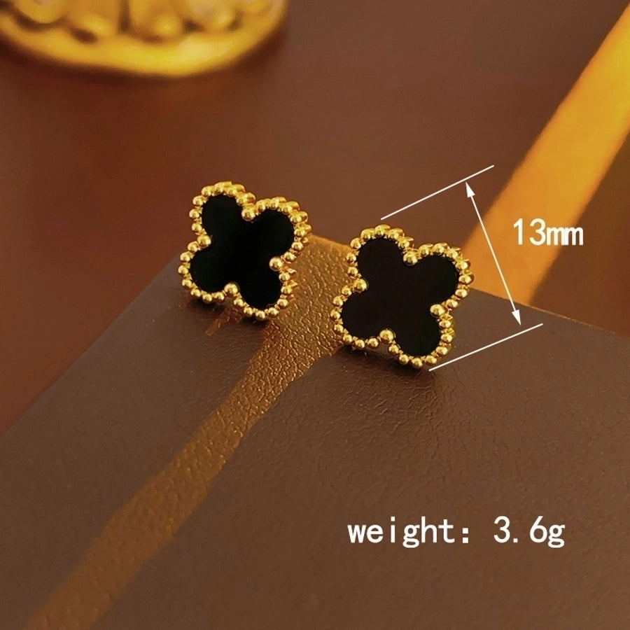 304 Stainless Steel 18K Gold Plated Elegant Glam Inlay Four Leaf Clover Acrylic Shell Jewelry Set