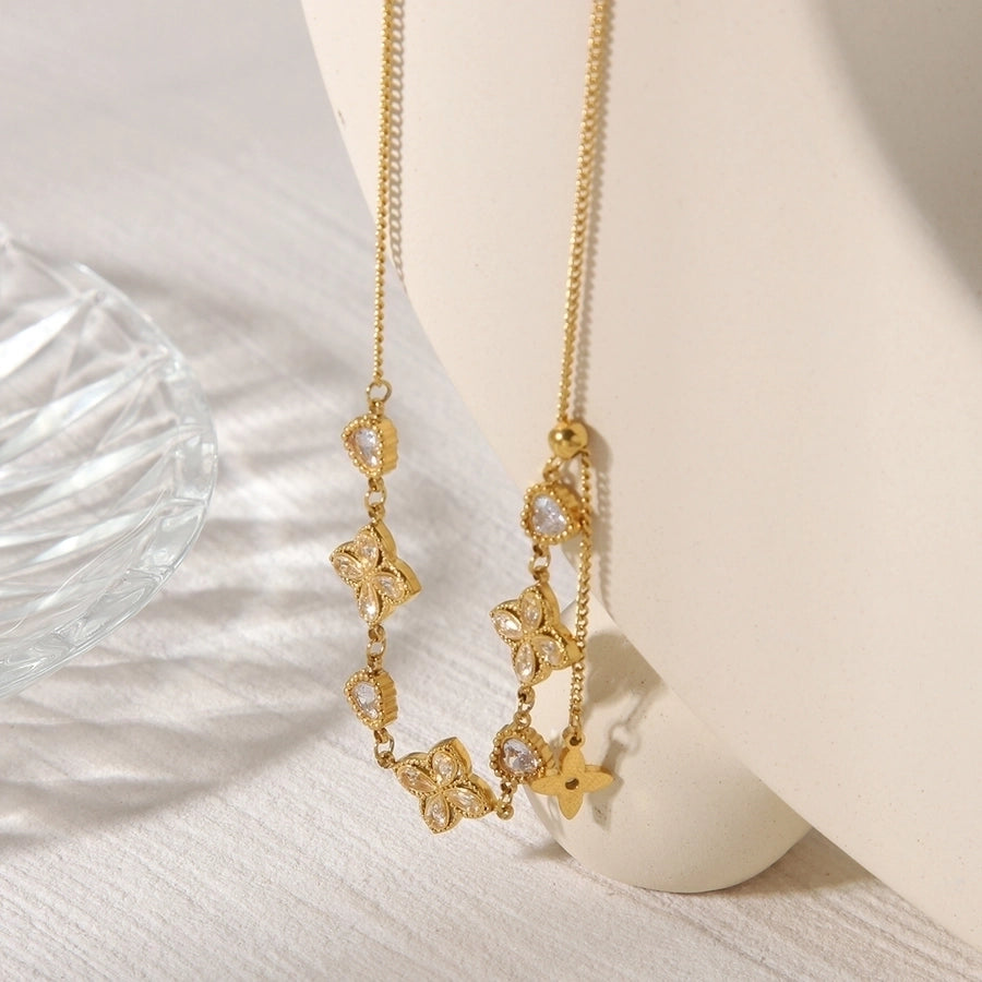 Jewelry Casual Commute Flower Butterfly 304 Stainless Steel Zircon 18K Gold Plated Inlay Pendant Necklace