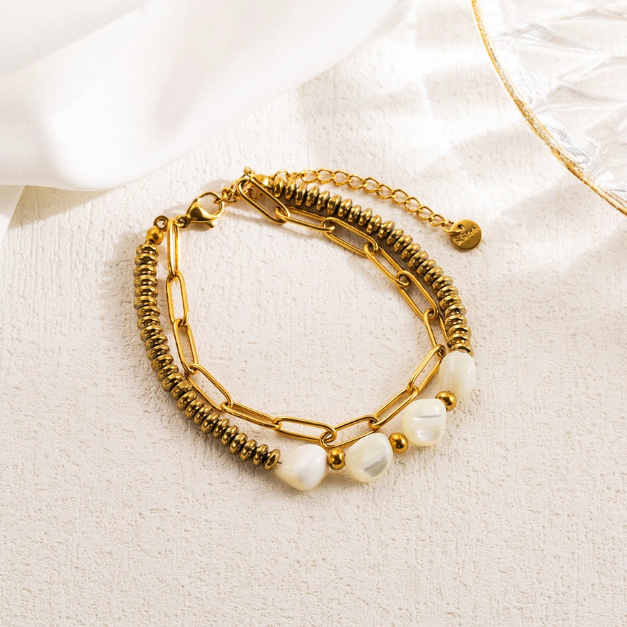 vacation sweet artistic round shell stainless steel irregular natural stone pearl haematite 18k gold plated bracelets