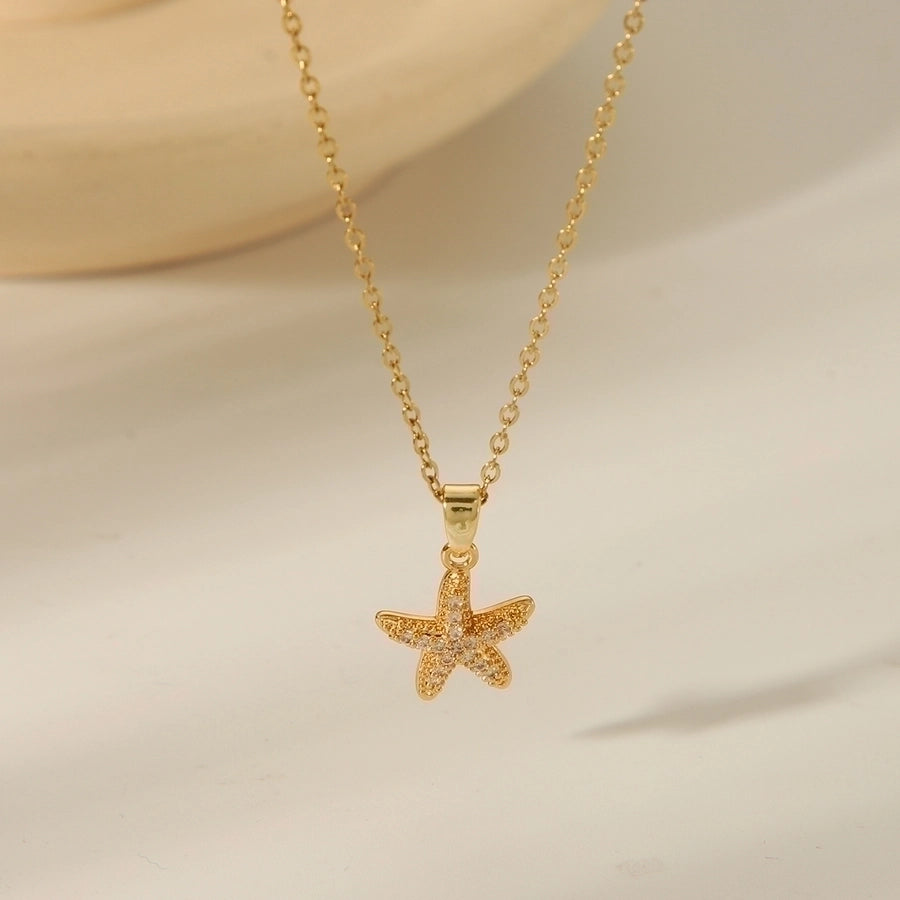 304 Stainless Steel Copper 18K Gold Plated Beach Simple Style Inlay Starfish Shell Fish Tail Artificial Pearls Zircon Pendant Necklace