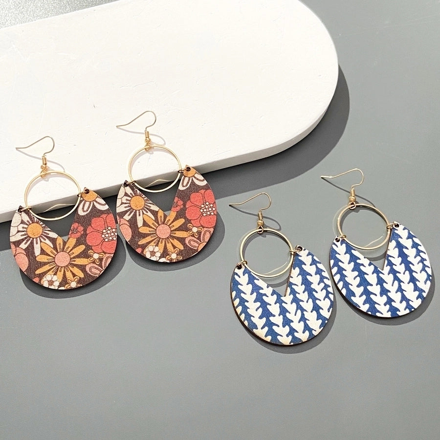 1 pair simple style stripe flower wood dangling earrings