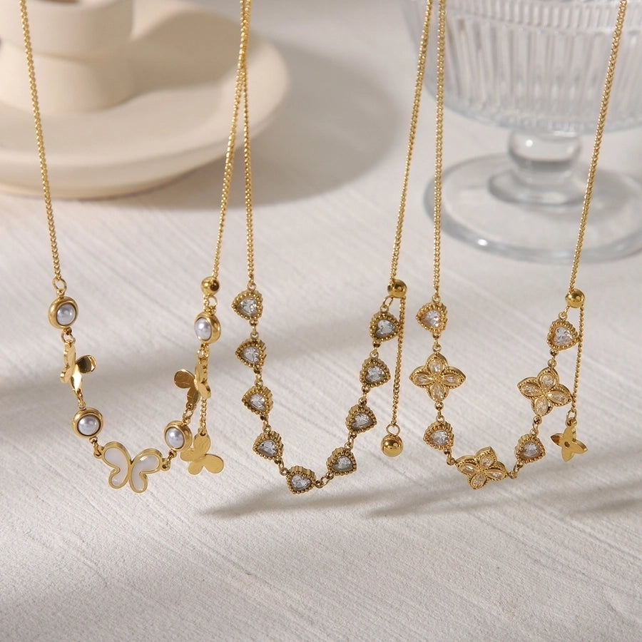 Jewelry Casual Commute Flower Butterfly 304 Stainless Steel Zircon 18K Gold Plated Inlay Pendant Necklace