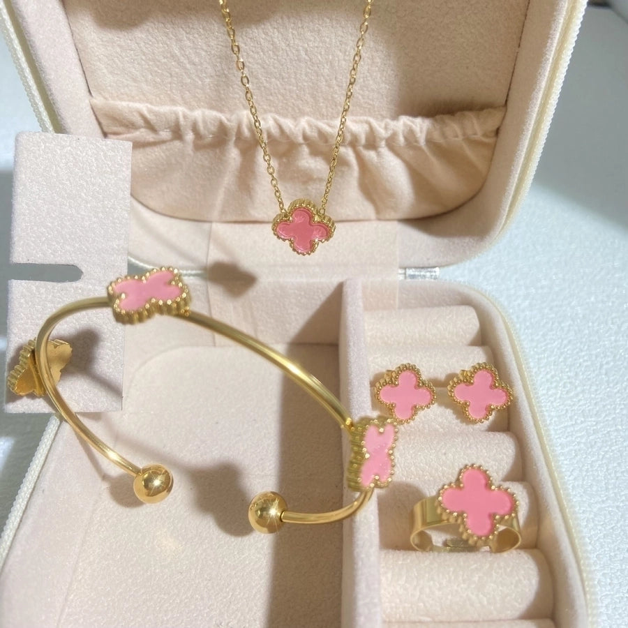 304 Stainless Steel 18K Gold Plated Elegant Glam Inlay Four Leaf Clover Acrylic Shell Jewelry Set