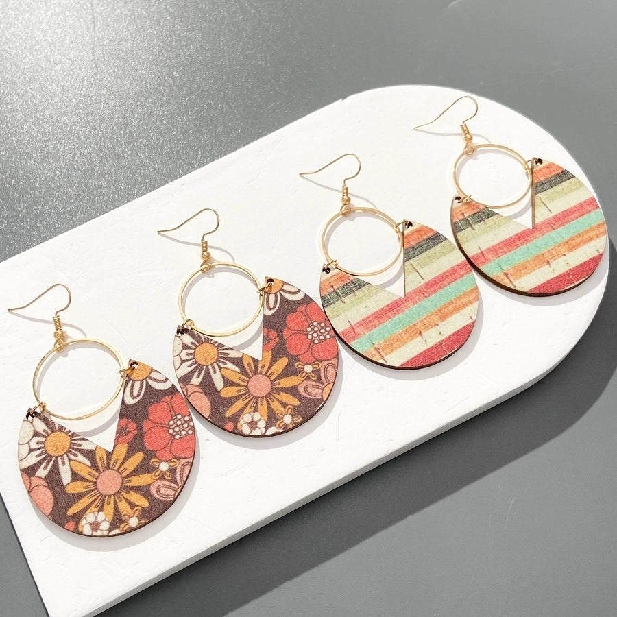 1 pair simple style stripe flower wood dangling earrings
