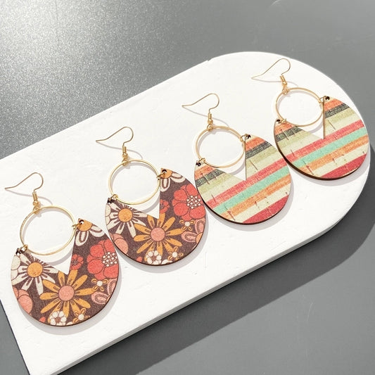 1 pair simple style stripe flower wood dangling earrings
