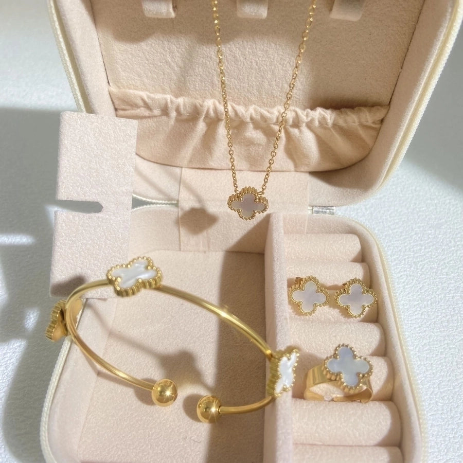 304 Stainless Steel 18K Gold Plated Elegant Glam Inlay Four Leaf Clover Acrylic Shell Jewelry Set