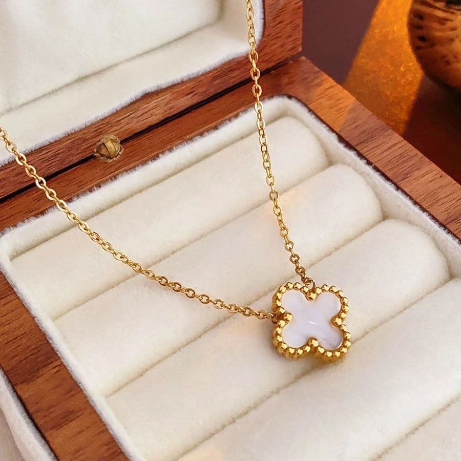 304 Stainless Steel 18K Gold Plated Elegant Glam Inlay Four Leaf Clover Acrylic Shell Jewelry Set