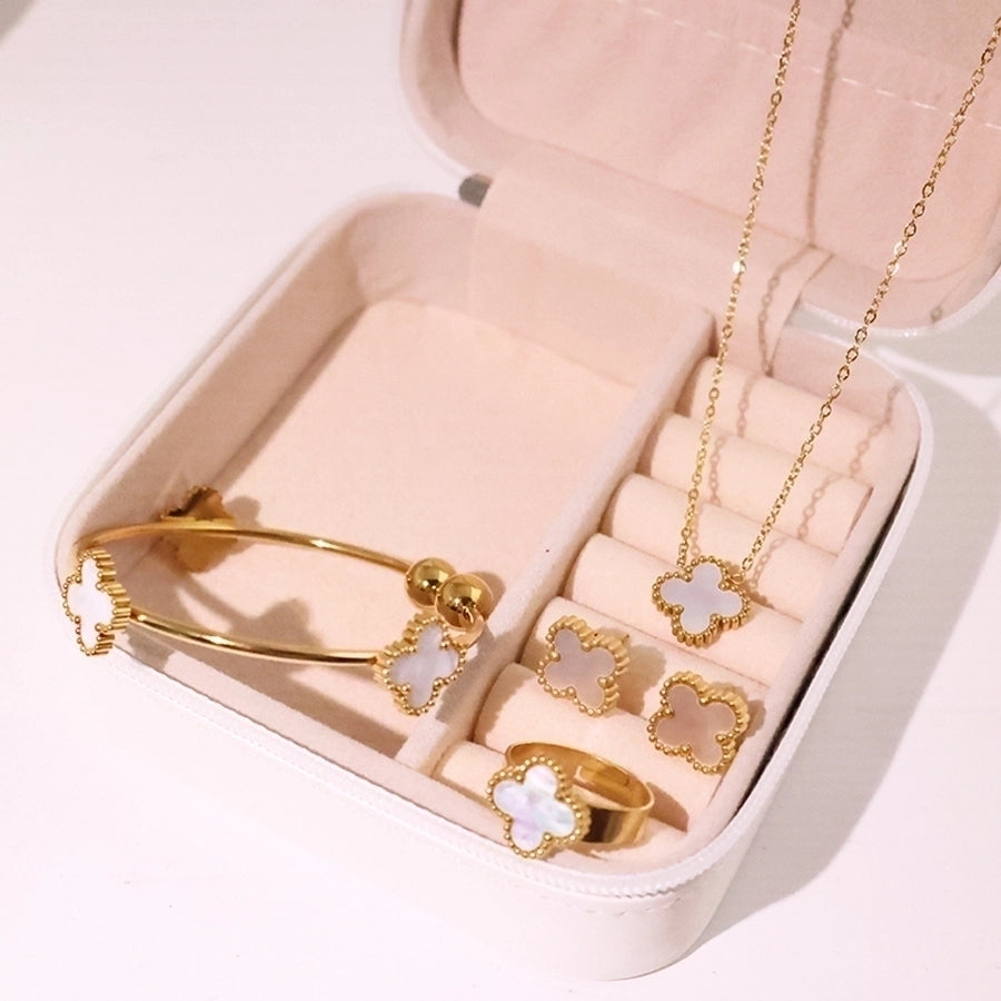 304 Stainless Steel 18K Gold Plated Elegant Glam Inlay Four Leaf Clover Acrylic Shell Jewelry Set